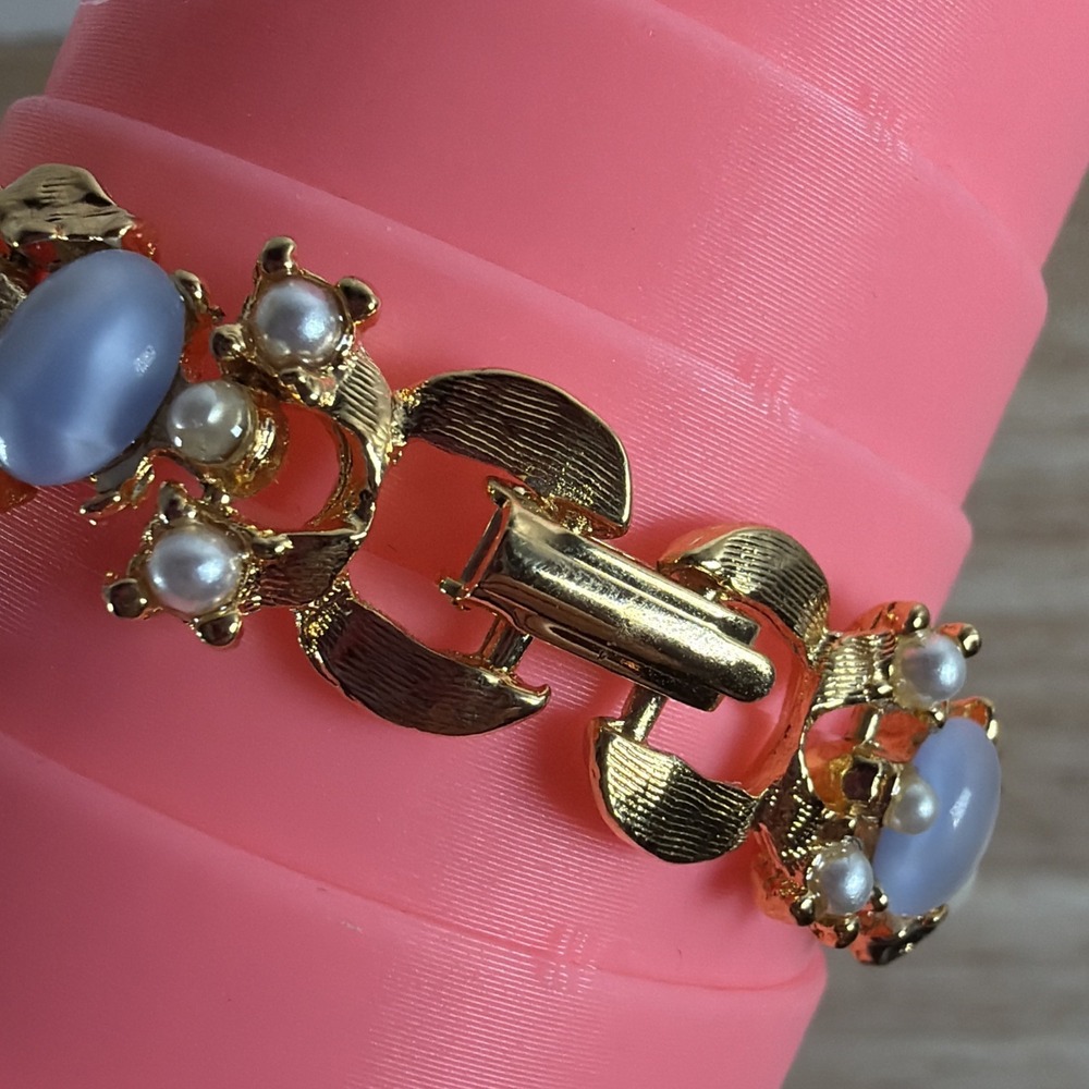 Spatz Hidden Dial Gold Tone Cabochon Watch Moonstone Pearl Bracelet New Battery - Picture 5 of 9